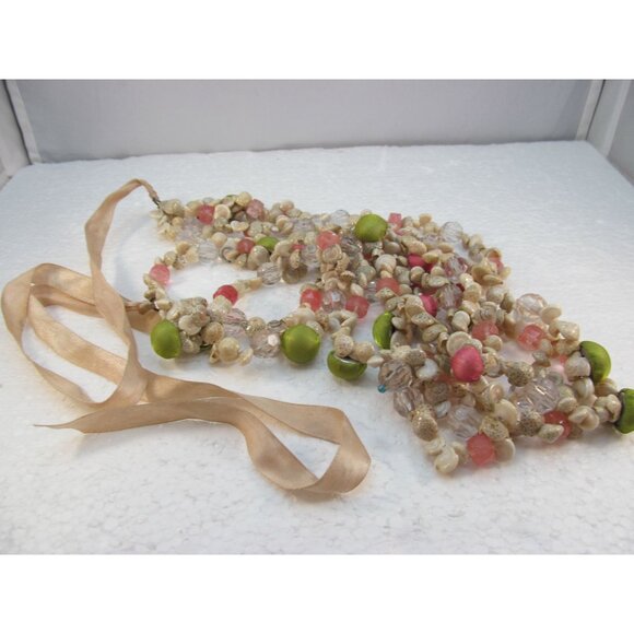 Vintage Multi Strand Shell & Bead Necklace with Ribbon Tie - Picture 2 of 15